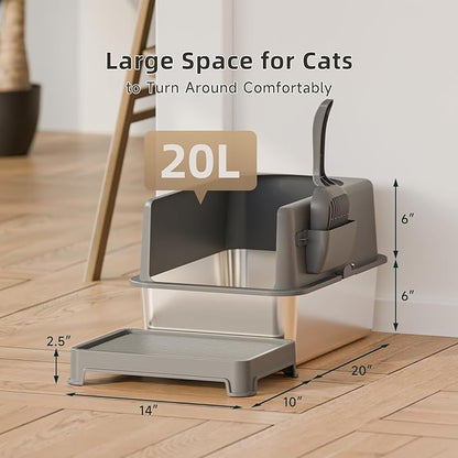 High-Sided Stainless Steel Cat Litter Box,Stainless Steel Litter Box with Lid,Extra Large Cat Toilet,Easy-to-Clean Metal Litter Pan for Cats (20''L X 14''W X 12''H with Scoop&mat)