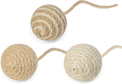 Cat Toy Ball with Sisal Rope Wrapping – 3 Pack Sisal Cat Toy Ball with Rope & Quiet Bell, 1.77" Natural Interactive Cat Scratching Ball for Indoor Cats (Beige, Yellow, Striped)