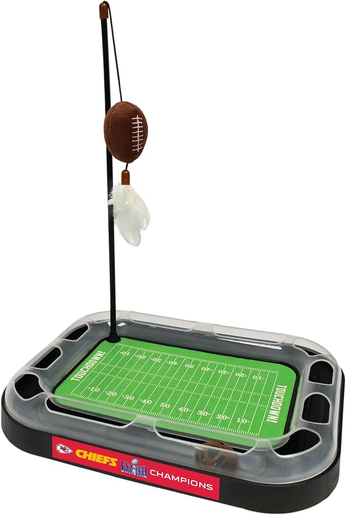 Pets First NFL Superbowl Champion Football Field CAT Scratcher Toy with Catnip Filled Plush Football Toy & Feather Hanging, with Jingle Bell, Winning Team Logo, Cat Chasing 5-in-1 Kitty Toy,