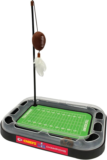Pets First NFL Superbowl Champion Football Field CAT Scratcher Toy with Catnip Filled Plush Football Toy & Feather Hanging, with Jingle Bell, Winning Team Logo, Cat Chasing 5-in-1 Kitty Toy,