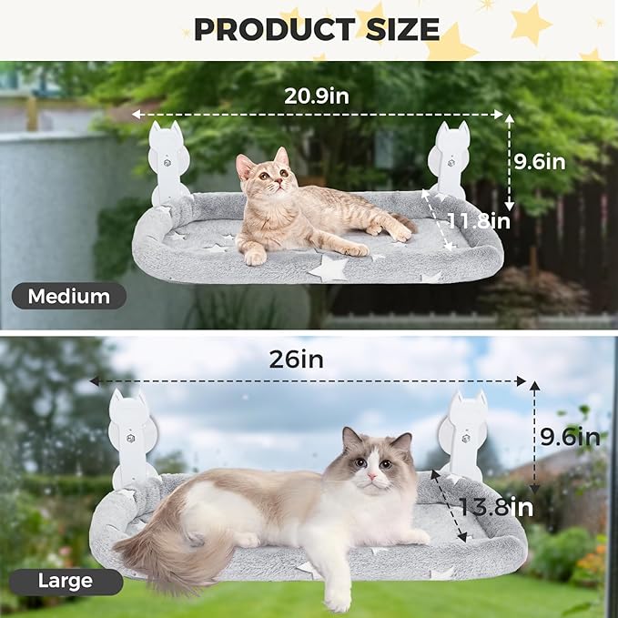 Homimp Cat Window Perch,Cordless Cat Window Hammock for Wall with 4 Strong Suction Cups,Solid Metal Frame and Two Replaceable Covers,Foldable Cats Bed for Large Cats and Kittens,Indoor Pet Seat,Grey L