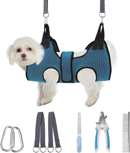 PAWCHIE Dog Grooming Hammock Harness for Dog Cat with Pet Nail Clipper Trimmer-Breathable Cat Hanger Sling for Trimming Clipping Nails-Dog Hammock Restraint Bag for Small Medium Large Dog,Dark Blue XS