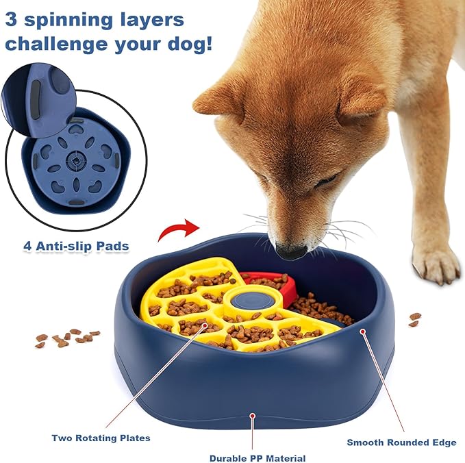 Interactive Pet Puzzle Slow Feeder Bowl - Innovative Rotating Design, Anti-Gulping, Promotes Digestion & Mental Stimulation, Non-Slip Food Dispenser for Small & Medium Dogs & Cats (Red & Yellow)