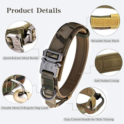 Tactical Dog Collar Military Dog Collar Adjustable Nylon Dog Collar Heavy Duty Metal Buckle with Handle for Dog Training (Camo,S)
