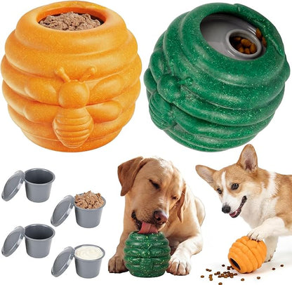 2 Pack Large Dog Toys for Aggressive Chewers, Dog Treat Dispensing Toy to Keep Them Busy, 2-in-1 Fillable Holder with 2 Cups and Food-Dispensing Lids for Large Medium (Yellow,Green)
