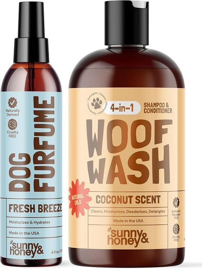 Sunny & Honey 4-in-1 Dog Shampoo & Conditioner - 16 fl oz, 8 fl oz Mist - Moisturizing Detangling Wash - Pet Shampoo - Long-Lasting Perfume Mist
