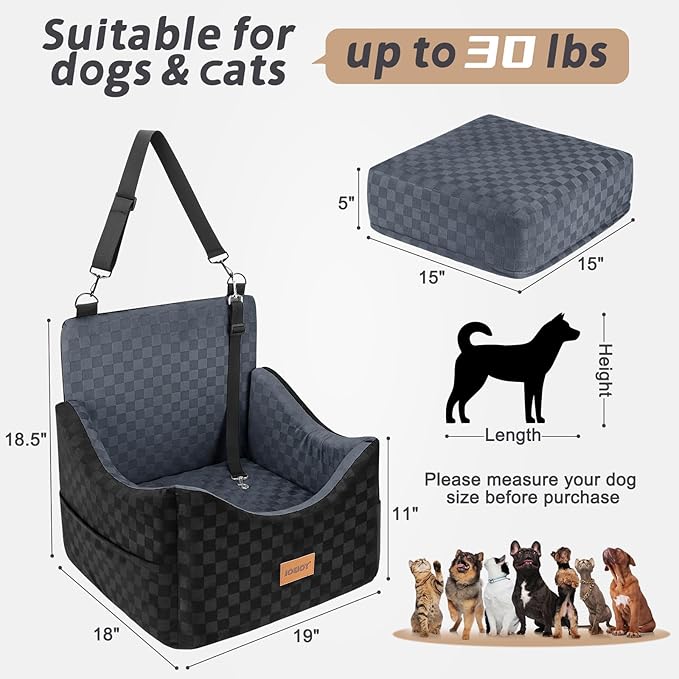 JOEJOY Elevated Dog Car Seat for Small/Medium Dogs up to 35 lbs, Memory Foam Booster Seat with Detachable Washable Cover, Travel-Safe Car Bed with Safety Belts & Storage Pockets, Dark Grey