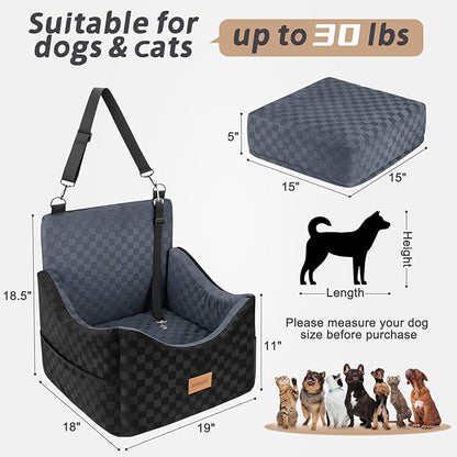 JOEJOY Elevated Dog Car Seat for Small/Medium Dogs up to 35 lbs, Memory Foam Booster Seat with Detachable Washable Cover, Travel-Safe Car Bed with Safety Belts & Storage Pockets, Dark Grey