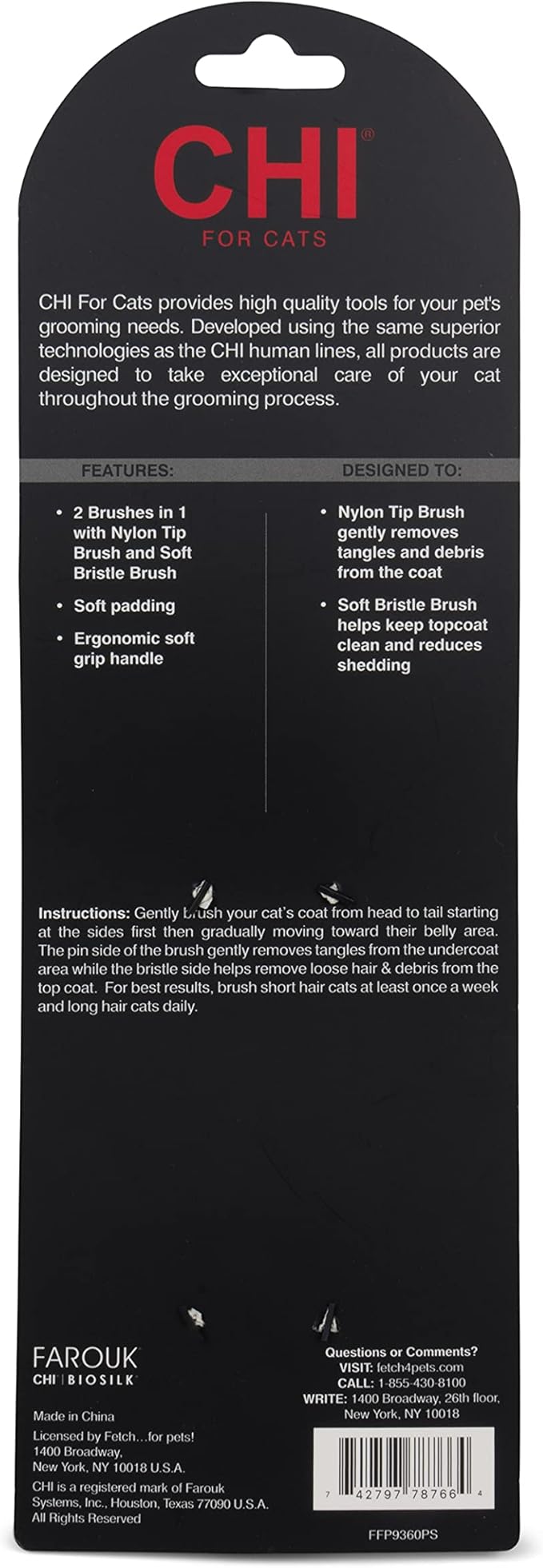 CHI for Cats 2-in-1 Grooming Tool: Double-Sided Bristle & Pin Brush for All Cats | Ergonomic Handle and Padded Bristles