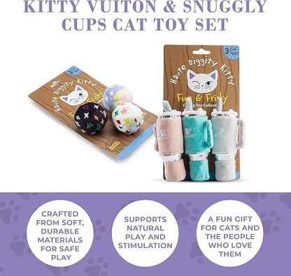 Vuiton Monogram Balls + Snuggly Cups Set, Plush Cat Toys Catnip Filled with Interactive Crackle Sound, Safe & Durable Toys for Cat & Kitten, 6 Pcs