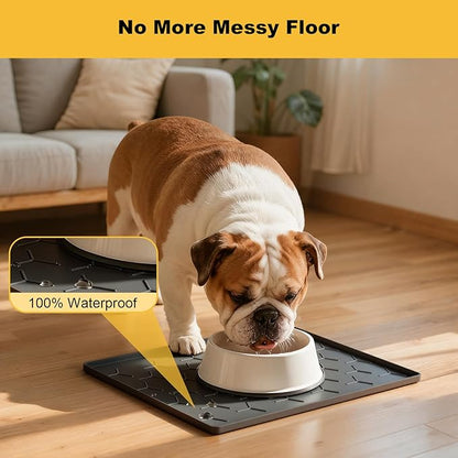Pieviev 16''x12'' Dog Cat Food Bowl Mat, Silicone Waterproof Food Grade Pet Food Mat for Floor, High Raised Edge to Prevent Spills, Non-Slip & Easy Clean Pet Placemat for Dog & Cat Bowls, Dark Gray