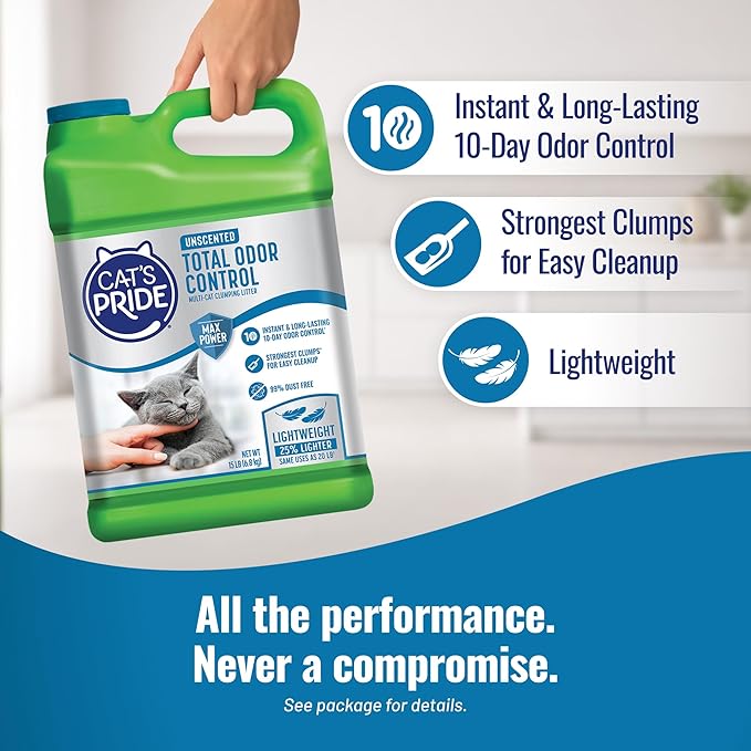 Cat's Pride Max Power: Total Odor Control - Up to 10 Days of Powerful Odor Control - Strong Clumping - Hypoallergenic - 99% Dust Free - Multi-Cat Litter, Unscented, 15 Pounds