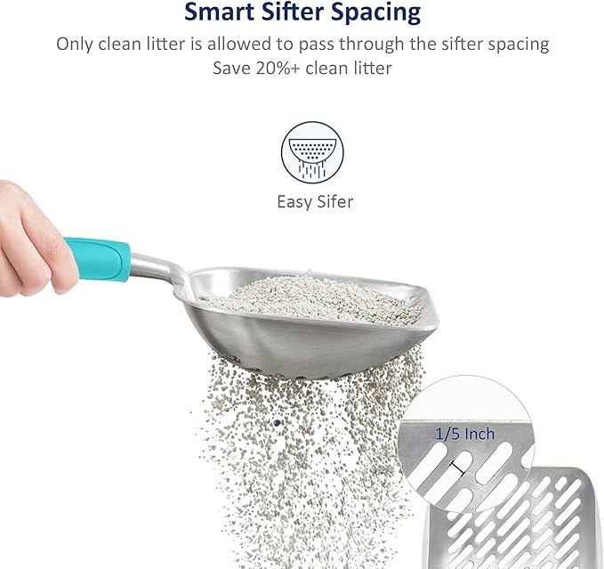 WePet Cat Litter Scoop, Aluminum Alloy Sifter, Kitty Metal Scooper, Deep Shovel with Diagonal Sifting Hole, Long Handle, Kitten Poop Lifter for Litter Box, Medium Size, Green Handle