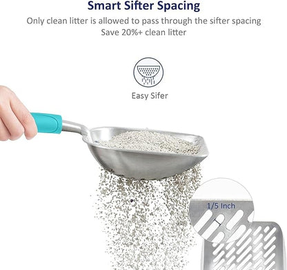 WePet Cat Litter Scoop, Aluminum Alloy Sifter, Kitty Metal Scooper, Deep Shovel with Diagonal Sifting Hole, Long Handle, Kitten Poop Lifter for Litter Box, Medium Size, Green Handle