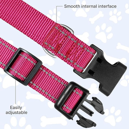 FunTags Reflective Dog Collar, Sturdy Nylon Collars for Medium Girl and Boy Dogs, Adjustable Dog Collar with Quick Release Buckle, Pink