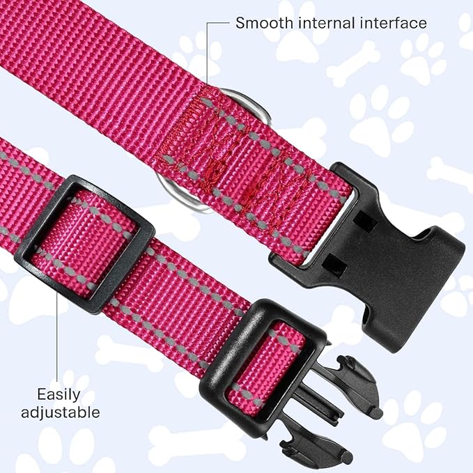 FunTags Reflective Dog Collar, Sturdy Nylon Collars for Small Girl and Boy Dogs, Adjustable Dog Collar with Quick Release Buckle, Pink
