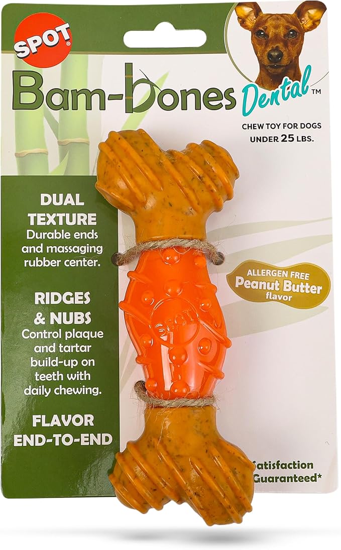 SPOT Bam-Bones Dental Bone - Made with Bamboo Fiber and a Massaging Rubber Center, Durable Oral Care Dog Chew for Light Chewers & Teething Puppies Under 25lbs, 6in Allergen Free Peanut Butter Flavor