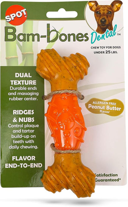 SPOT Bam-Bones Dental Bone - Made with Bamboo Fiber and a Massaging Rubber Center, Durable Oral Care Dog Chew for Light Chewers & Teething Puppies Under 25lbs, 6in Allergen Free Peanut Butter Flavor