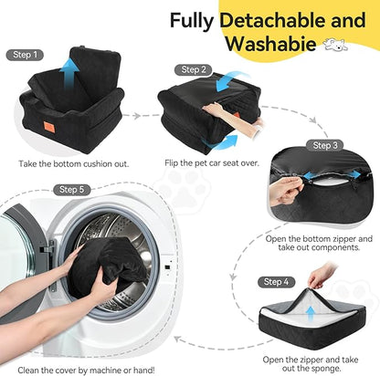 NEEZUKAR Dog Car Seats for Small/Medium Dogs, Elevated Memory Foam Dog Booster Seat, Detachable Washable Pet Car Seat with Safety Belts & Storage Pockets (Black)