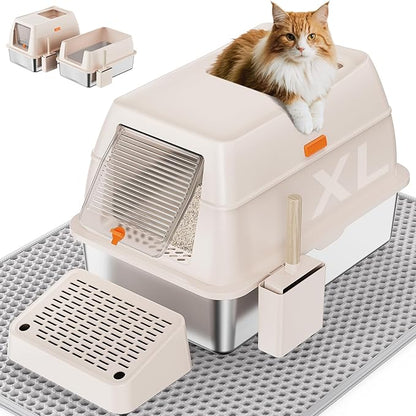 Removable Stainless Steel Cat Litter Box with lid, Front & Top Entry Kitty LitterBox，Cat Litter Box Enclosure, XL Extra Large High-Sided Metal Cat Box with Scoop,Mat,Footboard (Cream)