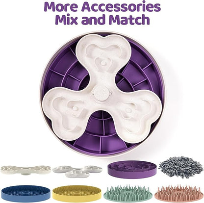 Puzzle Feeder Slow Feeder Dog Bowl for Large Dogs with Non-Slip Base - Adjustable Speed Design, Removable Puzzle Inserts & Dishwasher Safe, Purple