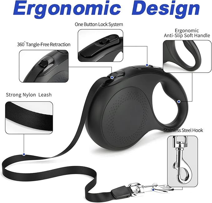 Retractable Dog Leash, 26 Feet Dog Leash for Small to Large Dogs up to 110lbs, Anti-Slip Handle One Button Lock and Release, Heavy Duty 360° Tangle-Free