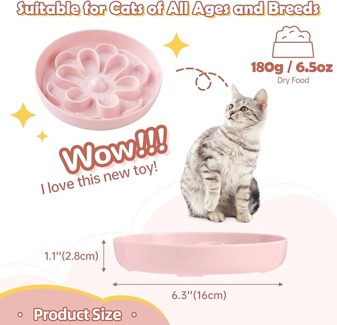 Slow-Food Cat Bowl - Made of Melamine, Suitable for Both Dry and Wet Food - Cute Flower Maze Pattern, Promotes Healthy Feeding and Helps Protect Whiskers - Dishwasher Safe - 6.3 in Wide x 1.1 in high
