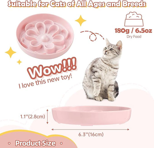 Slow-Food Cat Bowl - Made of Melamine, Suitable for Both Dry and Wet Food - Cute Flower Maze Pattern, Promotes Healthy Feeding and Helps Protect Whiskers - Dishwasher Safe - 6.3 in Wide x 1.1 in high