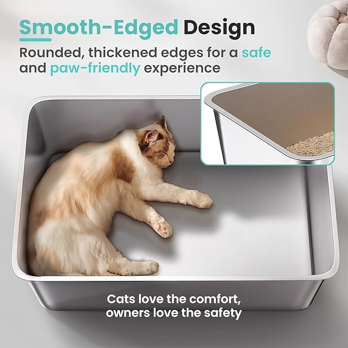 Large Stainless Steel Cat Litter Box, 17.7”x13.8”x6” Metal Litter Box with High Sided for Small Big Cats, Odor Free Kitty Litter Tray, Anti-Leakage, Non Sticky Litter Pan, L