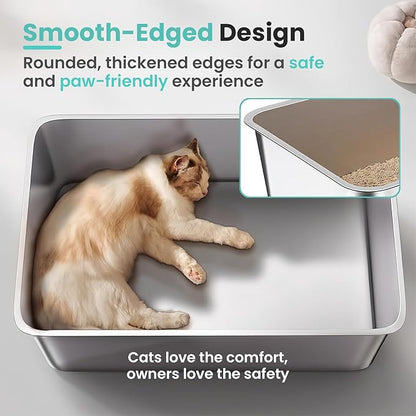 Large Stainless Steel Cat Litter Box, 17.7”x13.8”x6” Metal Litter Box with High Sided for Small Big Cats, Odor Free Kitty Litter Tray, Anti-Leakage, Non Sticky Litter Pan, L