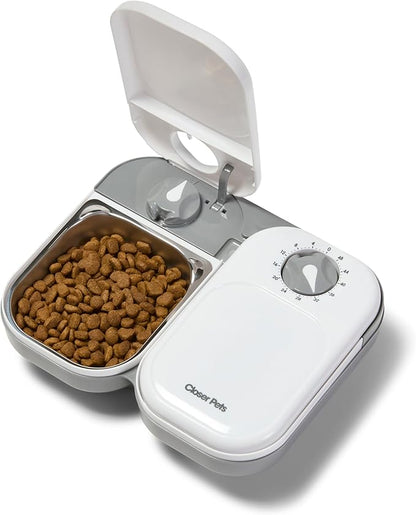 Closer Pets C200 2 Meal Timer-Controlled Automatic Pet Feeder - for Cats and Small Dogs, Wet or Dry Food, Stainless Steel Bowl Inserts and Ice Pack, up to 14 oz Each, White