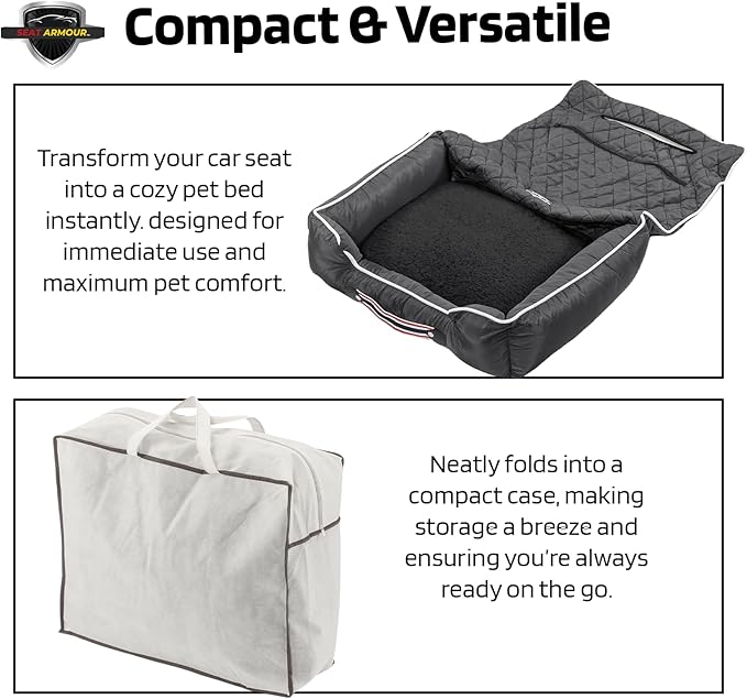 Seat Armour PetBed2Go Black - Car Pet Bed and Seat Cover – Soft, Portable Pet Cushion for Travel – Protects Vehicle Seats from Fur, Dirt & Scratches