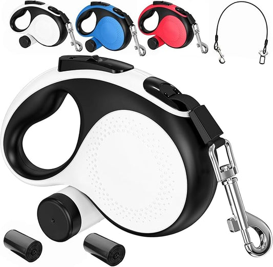 Retractable Dog Leash 26 ft for Large Dogs Up to 110 lbs, 360 Tangle-Free Heavy Duty with One-Hand Brake Pause Lock, Anti-Slip Handle Strong Nylon Tape, Large, White
