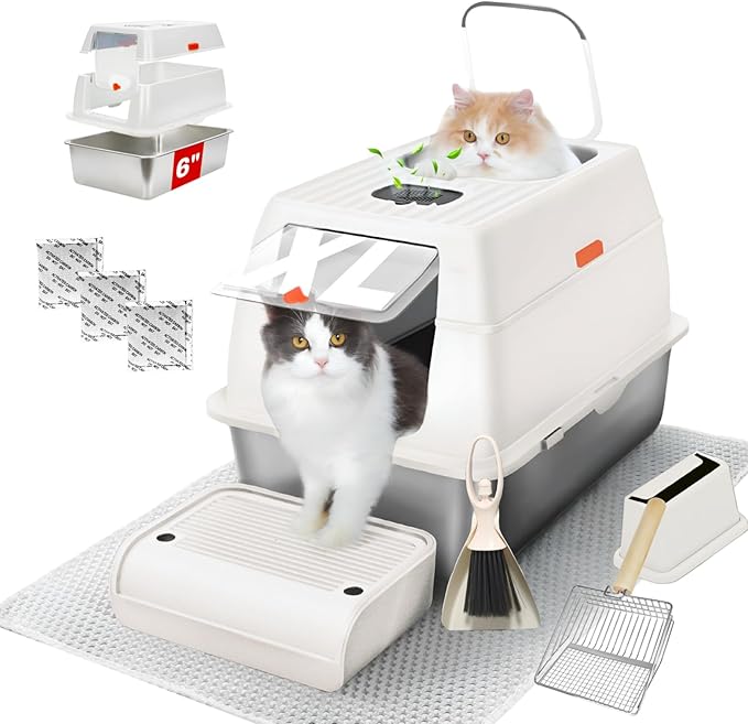 XL Stainless Steel Litter Box with Lid, Fully Enclosed 6" Deep Metal Cat Litter Box, Leak-Proof, Clumping Litter for Large, Multi-Cats, with Litter Mat, Scooper & Brush (6'' White XL)