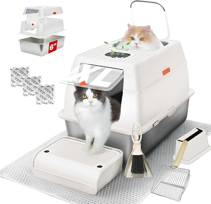 XL Stainless Steel Litter Box with Lid, Fully Enclosed 6" Deep Metal Cat Litter Box, Leak-Proof, Clumping Litter for Large, Multi-Cats, with Litter Mat, Scooper & Brush (6'' White XL)