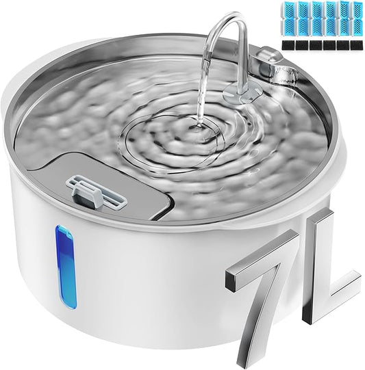 Pektaco Dog Water Fountain for Large Dogs, 1.8Gal/7L Pet Water Fountain, Dog Water Bowl Dispenser with Viewing Window & LED, Super Quiet, Stainless Steel Tray Easy Clean BPA-Free(with 6 Filters)