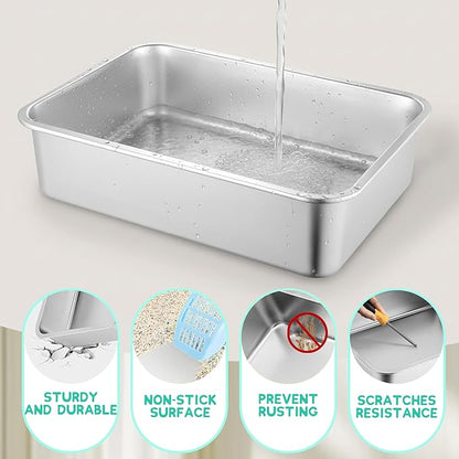 Low Entry Cat Litter Box, 15.7"×11.8"×2.8" Stainless Steel Kitten Litter Box for Small Cat, Kitty Shallow Litterbox for Guinea Pig, Puppy, Hamsters Toilet