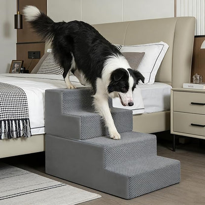 PawComfort 4-Step Pet Stairs, 18 Inch High Dog Steps for Bed, Grey Non-Slip Indoor Ramp for Small Dogs and Cats