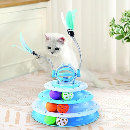 Vealind Cat Toy Roller 4-Level Turntable Cat Toys Balls with 14 Pcs Colorful Pom Pom Balls Interactive Fun Mental Physical Exercise Puzzle Kitten Toys (Blue)