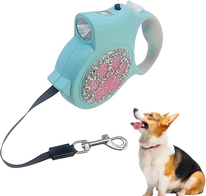 Led Retractable Dog Leash – 16ft Leash with Handcrafted Sparkle Detail Tangle-Free One-Hand Brake Soft Grip Handle for Small & Medium Dogs Up to 77lbs (DL-Lake Blue)