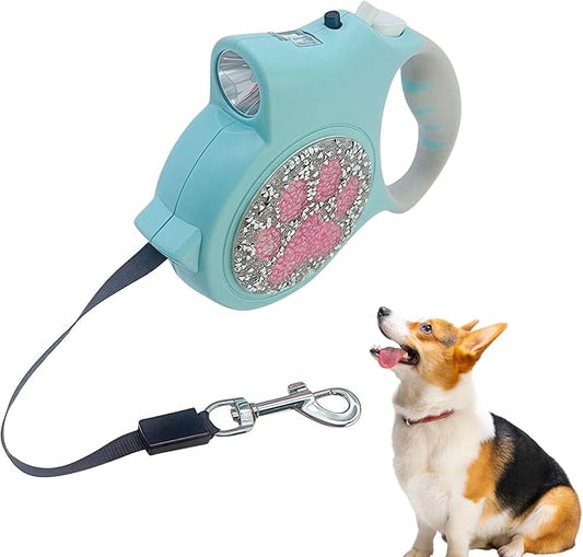 Led Retractable Dog Leash – 16ft Leash with Handcrafted Sparkle Detail Tangle-Free One-Hand Brake Soft Grip Handle for Small & Medium Dogs Up to 77lbs (DL-Lake Blue)