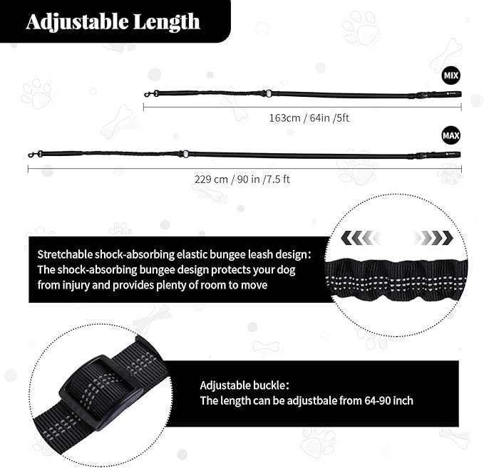 Heavy Duty Multifunctional Adjustable Hands Free Dog Leash - Durable Reflective Stitches, Car Safety Buckle Waist Leash for Dog Walking, Running, Hiking - 5-7FT