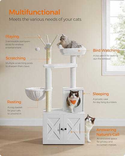 Feandrea Cat Tree with Litter Box Enclosure, 59-Inch Modern Cat Tower, 2-in-1 Condo with Scratching Posts, Washable Removable Cushion, Cloud White UPCT113W01