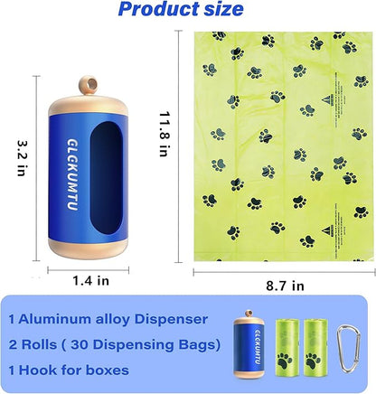Dog Poop Bag Dispenser, Upgraded Aluminum Poop Bag Holders for Leashes, Durable Leakproof Pet Waste Holder w/Carabiner Clip, 2 Rolls Waste Bags Included, Outdoor Dog Walking Travel (Blue)