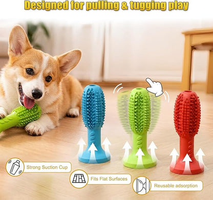 Dog Chew Toys, Interactive Suction Cup Toothbrush Chew Toy for Puppy Teething, Rubber Teeth Cleaning Stick with Treat Holder for Small and Medium Dogs (Lake Blue)