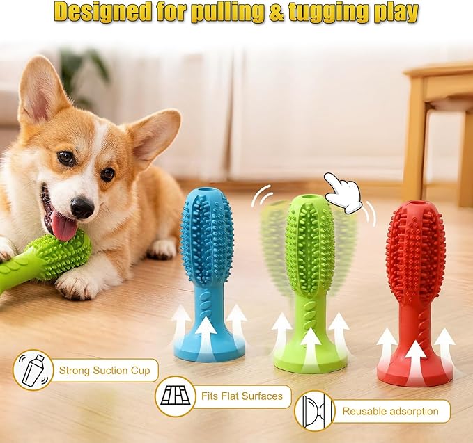 Dog Chew Toys, Interactive Suction Cup Toothbrush Chew Toy for Puppy Teething, Rubber Teeth Cleaning Stick with Treat Holder for Small and Medium Dogs (Red)