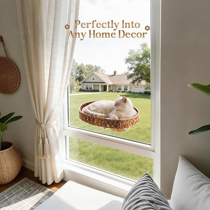 2 Ways Cat Window Perch with Solid Wood Frame, Wicker Design Cat Window Seat with 4 Suction Cups, Window Hammock for Cats Inside with Removable Cusion, Cat Hammock for Window & Wall