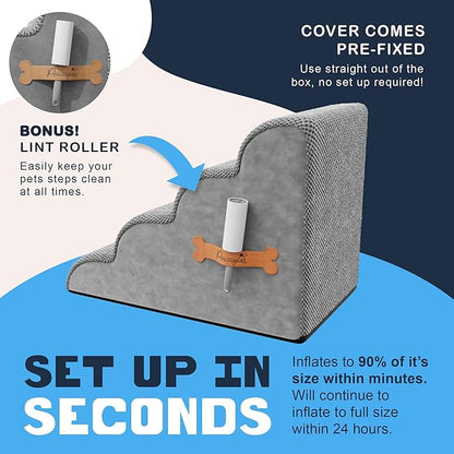PAWZY Dog Stairs for Bed & Couch, 4-Step Foam Pet Steps 20” High for Small Dogs & Cats up to 60 lbs, Wide Non-Slip Stairs, Waterproof Washable Zipper Cover, No Assembly, Grey