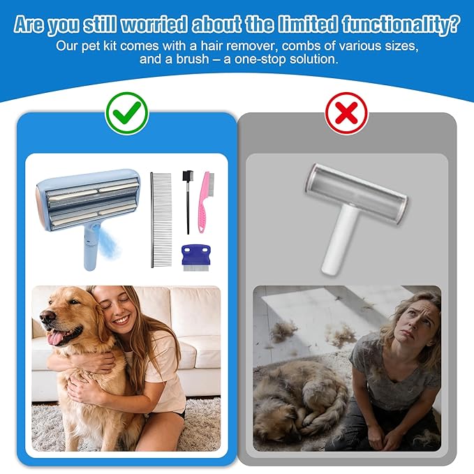 Pet Hair Remover Set with Spray & Self-Storage – Reusable Double-Sided Roller, 4-Piece Grooming Brushes & Combs for Dogs, Cats, Furniture & Clothing