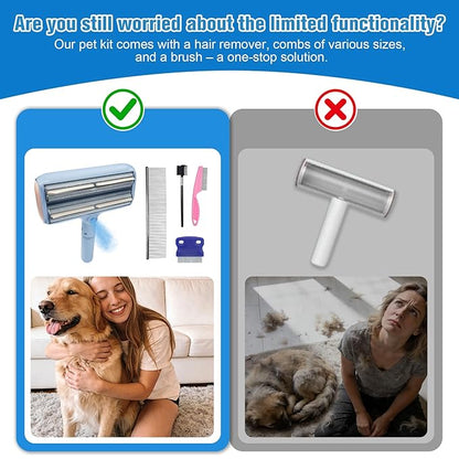 Pet Hair Remover Set with Spray & Self-Storage – Reusable Double-Sided Roller, 4-Piece Grooming Brushes & Combs for Dogs, Cats, Furniture & Clothing